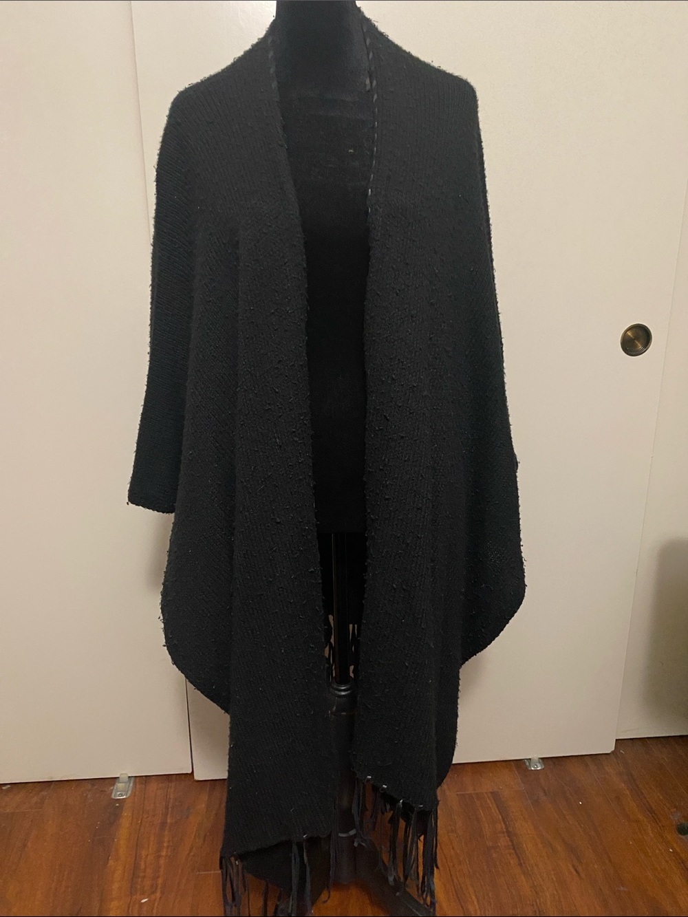 Black Fringe Open-Front Women's Sweater Wrap